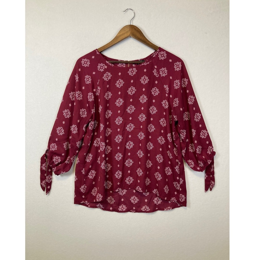Paper Moon Medallion Print Blouse Womens Large Burgundy 3/4 Tie Sleeve Top